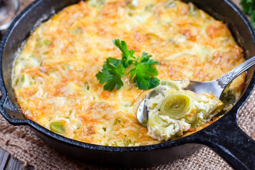 Photo: Breakfast Casserole in cast-iron skillet.